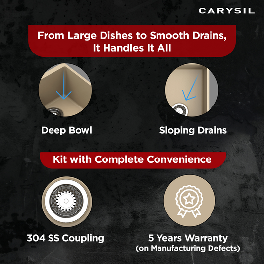 Carysil Neo Salsa Edge Arena Quartz Kitchen Sink, 16x16x8 inches, Single Bowl Noise Reduction Quartz Sink, Heat, Scratch & Stain Resistant, Sloping Drains, 304 SS Coupling