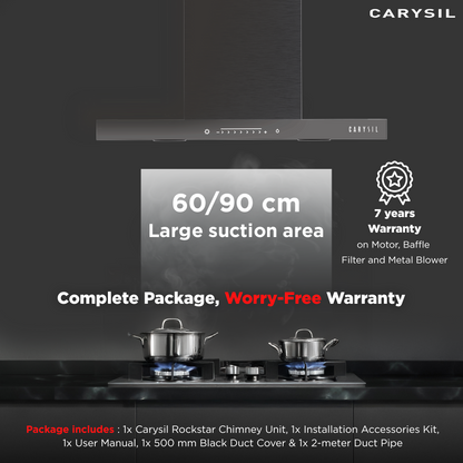 Carysil Rockstar 90 cm Kitchen Chimney, T-Shape, 1180 m³/hr Suction Capacity, Baffle Filter, PDCA Motor, Slider Touch Control, Heat Auto Clean, Oil Collector, LED Lamp, 7-year Motor Warranty (Black)