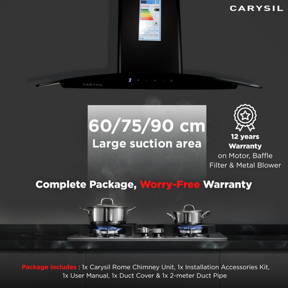 Carysil Rome 60 cm Kitchen Chimney, Curved Shape, 1100 m³/hr Suction Capacity, Baffle Filter, BLDC Silent Motor, A-Energy Class, 3-Speed Touch Control, LED Lamp, 12-year Motor Warranty