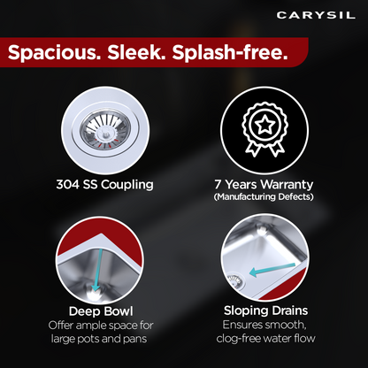 Carysil Elegance Series Single Bowl Kitchen Sink, Stainless Steel Kitchen Sink, 304 Stainless Steel Coupling, Noise Reduction Design, Deep Bowl with Sloping Drain, 18x18x7 inches, Glossy Finish