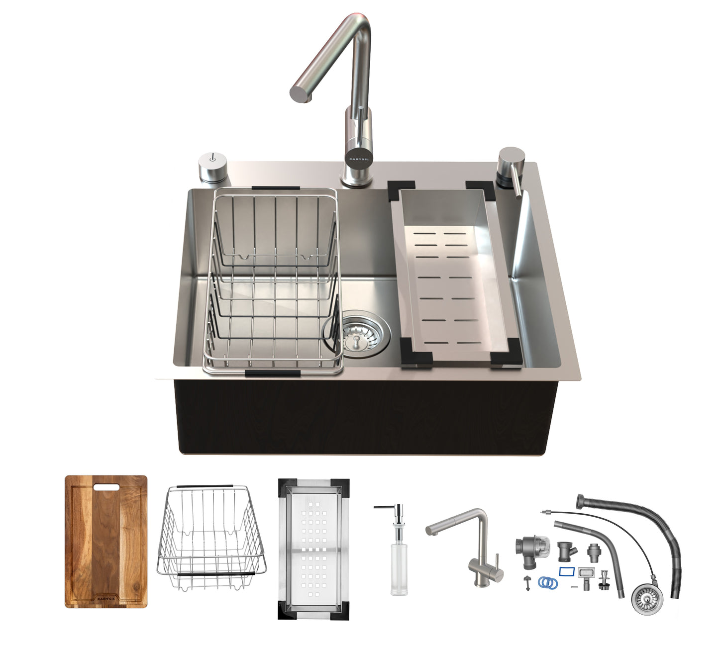 Carysil All-in-one Workstation Sink, 304 Stainless Steel Kitchen Sink with Pull-out Faucet, Soap Dispenser, Chopping Board, Flexible Basket, Colander, 22x20x8 inches, Chrome