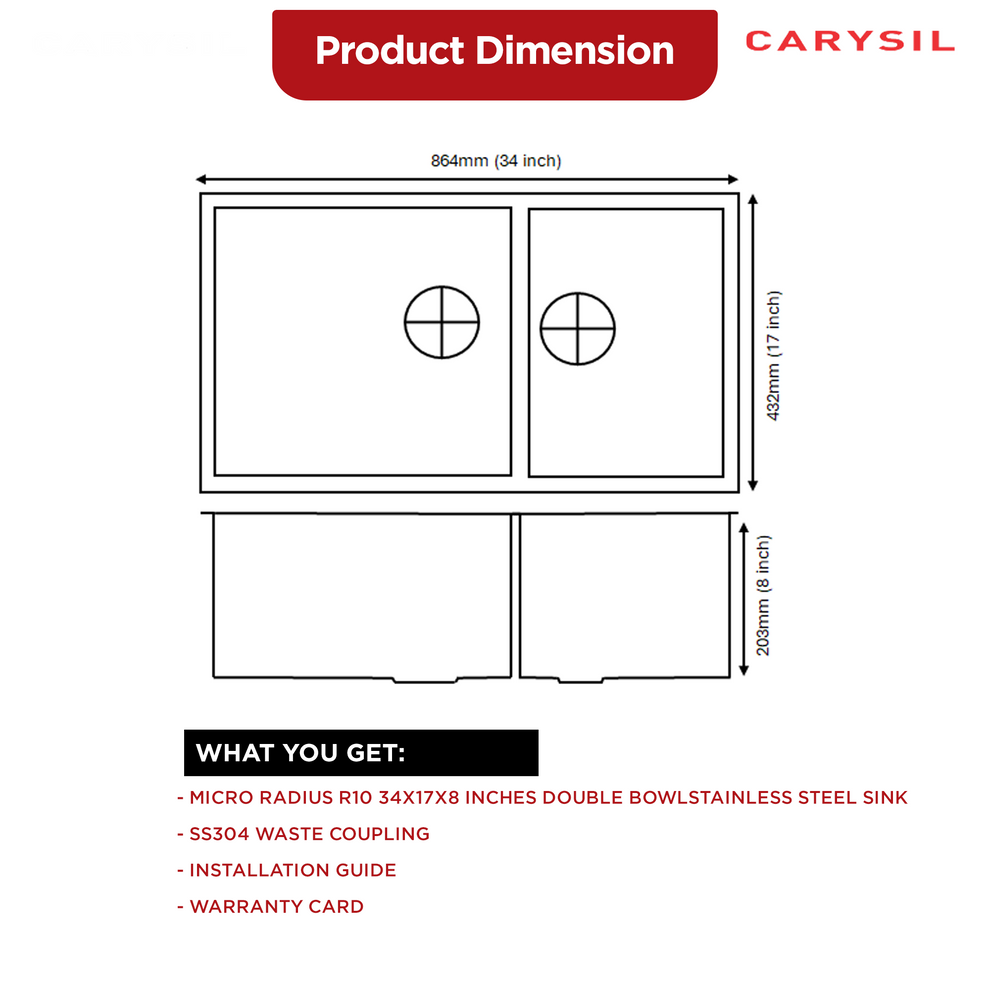 Carysil Micro Radius R10 Double Bowl Stainless Steel 34x17x8