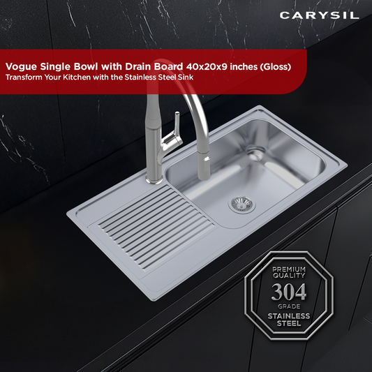 Carysil Vogue Series Single Bowl Kitchen Sink with Drain Board, Stainless Steel Kitchen Sink, 304 Stainless Steel Coupling, Easy to Clean, Deep Bowl with Sloping Drain, 40x20x9 inches, Glossy Finish