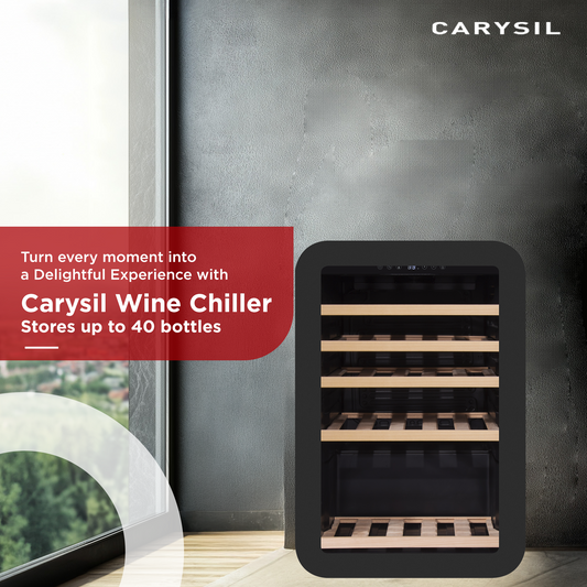 Carysil Retro Wine Chiller, Stores up to 40 Bottles, Free Standing, Single Zone Static Cooling (3°C-20°C), Manual Temperature Control, Toughened Glass Door, Compact and Stylish, Ideal for Home