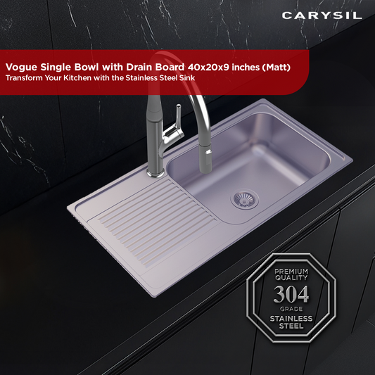 Carysil Vogue Series Single Bowl Kitchen Sink with Drain Board, Stainless Steel Kitchen Sink, 304 Stainless Steel Coupling, Easy to Clean, Deep Bowl with Sloping Drain, 40x20x9 inches, Matt Finish