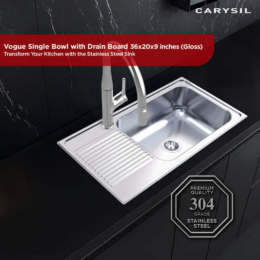 Carysil Vogue Series Single Bowl Kitchen Sink with Drain Board, Stainless Steel Kitchen Sink, 304 Stainless Steel Coupling, Easy to Clean, Deep Bowl with Sloping Drain, 36x20x9 inches, Glossy Finish