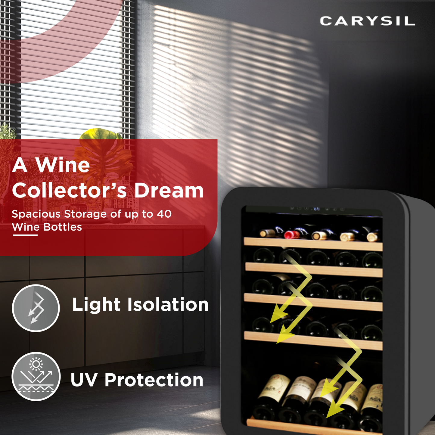 Carysil Retro Wine Chiller, Stores up to 40 Bottles, Free Standing, Single Zone Static Cooling (3°C-20°C), Manual Temperature Control, Toughened Glass Door, Compact and Stylish, Ideal for Home