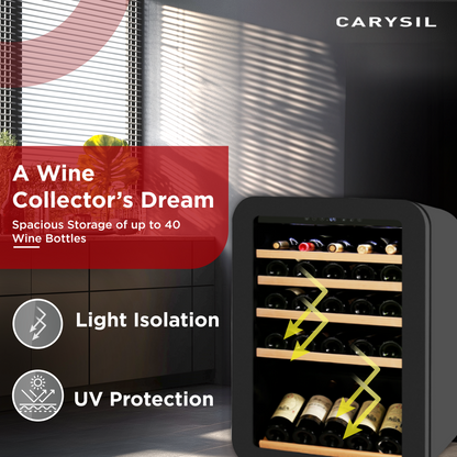 Carysil Retro Wine Chiller, Stores up to 40 Bottles, Free Standing, Single Zone Static Cooling (3°C-20°C), Manual Temperature Control, Toughened Glass Door, Compact and Stylish, Ideal for Home