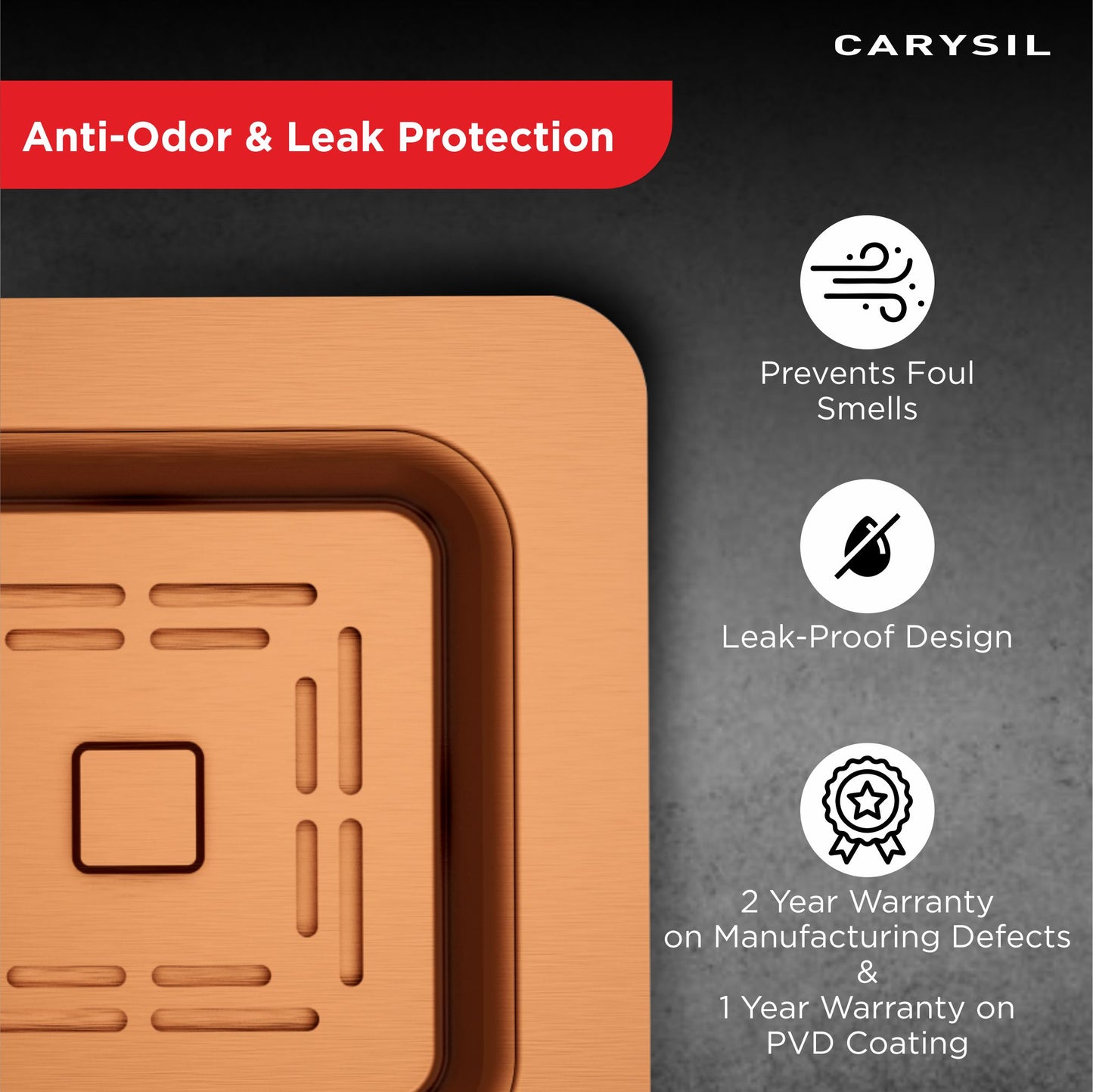 Carysil 304 Grade Stainless Steel Square Waste Coupling with Removable Waste Strainer Assembly, Corrosion-Resistant, Efficient Drainage System - Rose Gold PVD Finish