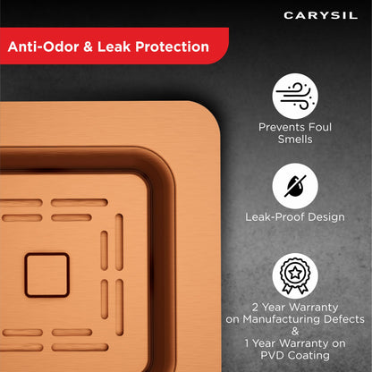 Carysil 304 Grade Stainless Steel Square Waste Coupling with Removable Waste Strainer Assembly, Corrosion-Resistant, Efficient Drainage System - Rose Gold PVD Finish