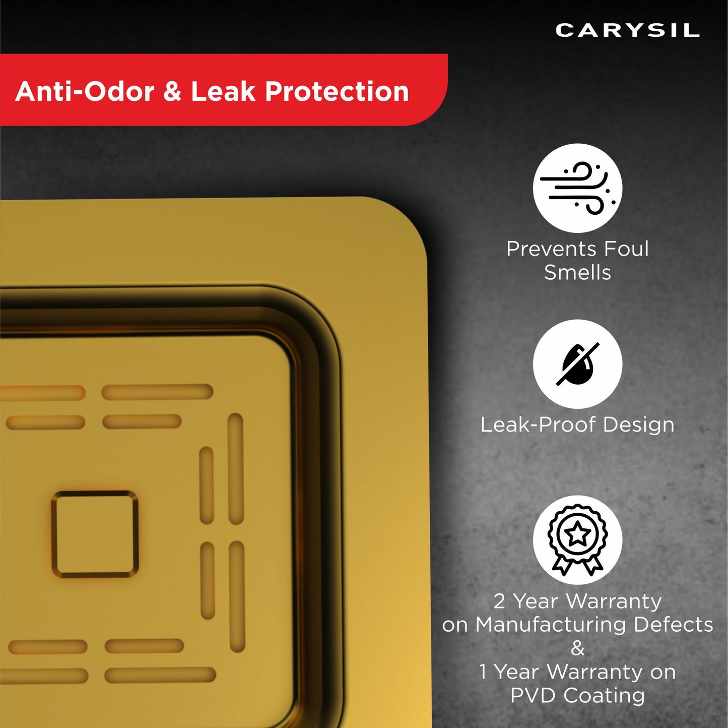 Carysil 304-Grade Stainless Steel Square Waste Coupling with Removable Waste Strainer Assembly, Corrosion-Resistant, Efficient Drainage System - Yellow Gold PVD Finish