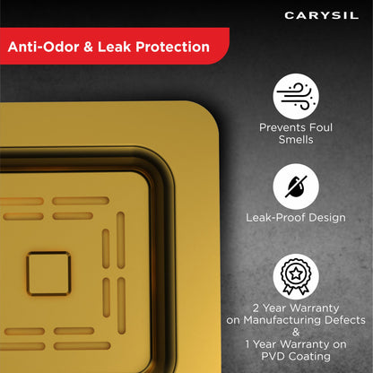 Carysil 304-Grade Stainless Steel Square Waste Coupling with Removable Waste Strainer Assembly, Corrosion-Resistant, Efficient Drainage System - Yellow Gold PVD Finish