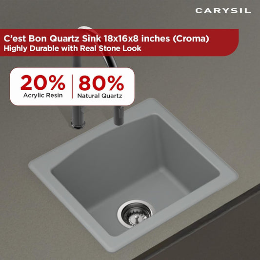 Carysil Quartz C'est Bon Single Bowl Kitchen Sink, Real Stone Finish, 304 Stainless Steel Coupling, Kitchen Sink with Sloping Drain, Noise Reduction Design, 18x16x8 inches, Croma