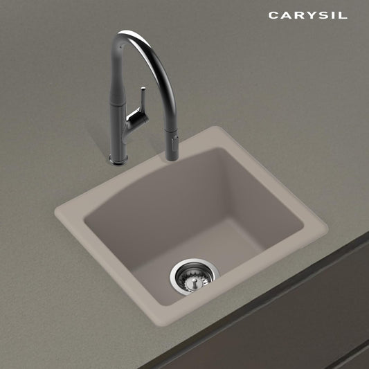 Carysil Quartz C'est Bon Single Bowl Kitchen Sink, Real Stone Finish, 304 Stainless Steel Coupling, Kitchen Sink with Sloping Drain, Noise Reduction Design, 18x16x8 inches, Concrete
