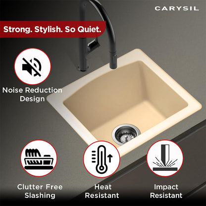Carysil Quartz C'est Bon Single Bowl Kitchen Sink, Real Stone Finish, 304 Stainless Steel Coupling, Kitchen Sink with Sloping Drain, Noise Reduction Design, 18x16x8 inches, Champagne