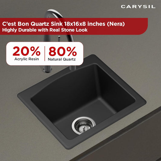Carysil Quartz C'est Bon Single Bowl Kitchen Sink, Real Stone Finish, 304 Stainless Steel Coupling, Kitchen Sink with Sloping Drain, Noise Reduction Design, 18x16x8 inches, Nera