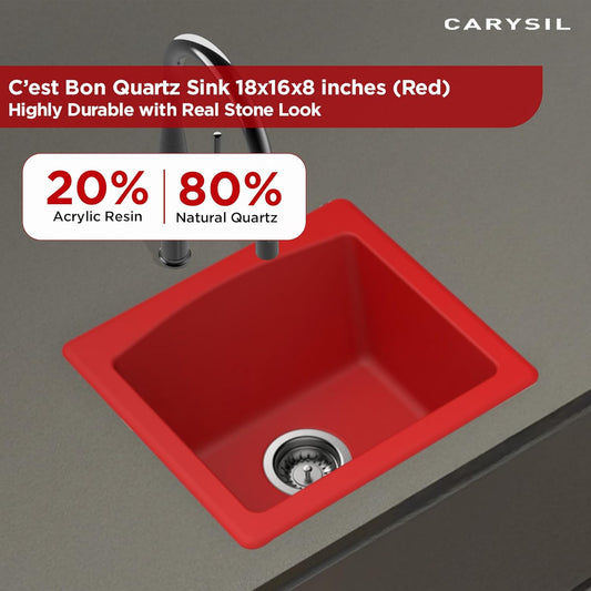 Carysil Quartz C'est Bon Single Bowl Kitchen Sink, Real Stone Finish, 304 Stainless Steel Coupling, Kitchen Sink with Sloping Drain, Noise Reduction Design, 18x16x8 inches, Red