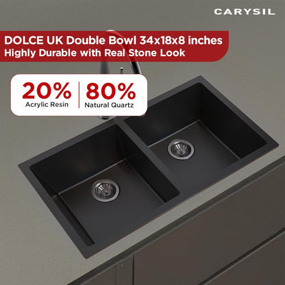 Carysil Quartz Dolce UK Series Single Bowl Kitchen Sink with 50 ml Cleaning Kit, Real Stone Finish, 304 Stainless Steel Coupling, Kitchen Sink with Sloping Drain, Noise Reduction Design, 34x18x8 inches, Pearl Black