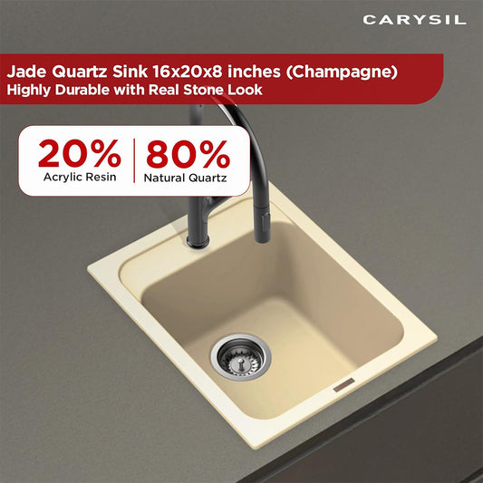 Carysil Quartz Jade 400 Single Bowl Kitchen Sink, Real Stone Finish, 304 Stainless Steel Coupling, Kitchen Sink with Sloping Drain, Noise Reduction Design, 16x20x8 inches, Champagne