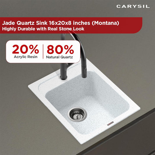 Carysil Quartz Jade 400 Single Bowl Kitchen Sink, Real Stone Finish, 304 Stainless Steel Coupling, Kitchen Sink with Sloping Drain, Noise Reduction Design, 16x20x8 inches, Montana