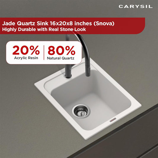 Carysil Quartz Jade 400 Single Bowl Kitchen Sink, Real Stone Finish, 304 Stainless Steel Coupling, Kitchen Sink with Sloping Drain, Noise Reduction Design, 16x20x8 inches, Snova