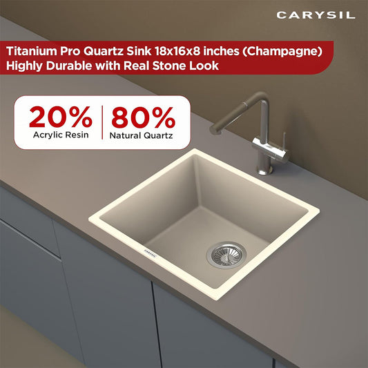 Carysil Quartz Titanium Pro Series Single Bowl Kitchen Sink, Real Stone Finish, 304 Stainless Steel Coupling, Kitchen Sink with Sloping Drain, Noise Reduction Design, 18x16x8 inches, Champagne