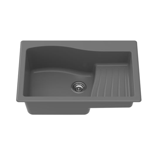 Carysil Quartz New Ascend Single Bowl Kitchen Sink, Real Stone Finish, 304 Stainless Steel Coupling, Kitchen Sink with Sloping Drain, Noise Reduction Design, 34x20x8 inches, Basalt Grey