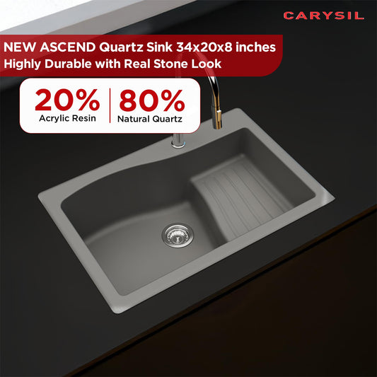 Carysil Quartz New Ascend Single Bowl Kitchen Sink, Real Stone Finish, 304 Stainless Steel Coupling, Kitchen Sink with Sloping Drain, Noise Reduction Design, 34x20x8 inches, Basalt Grey