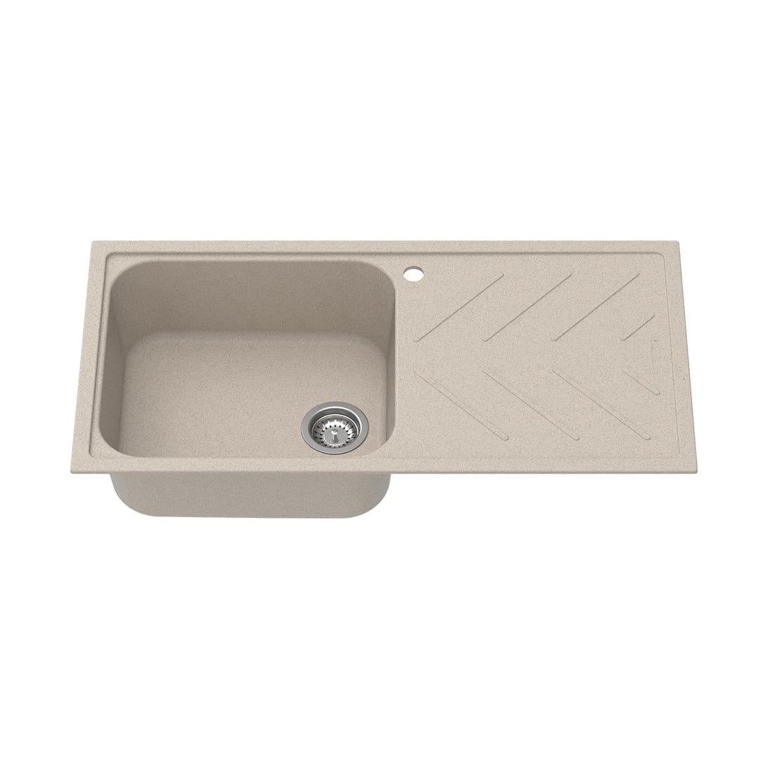 Carysil Quartz New Beethoven D 100 Single Bowl Kitchen Sink with Drainboard, Real Stone Finish, 304 Stainless Steel Coupling, Noise Reduction kitchen sink with Sloping Drain, 34x20x8 inches, Sand