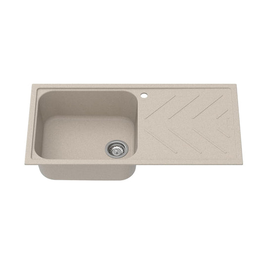 Carysil Quartz New Beethoven D 100 Single Bowl Kitchen Sink with Drainboard, Real Stone Finish, 304 Stainless Steel Coupling, Noise Reduction kitchen sink with Sloping Drain, 34x20x8 inches, Sand
