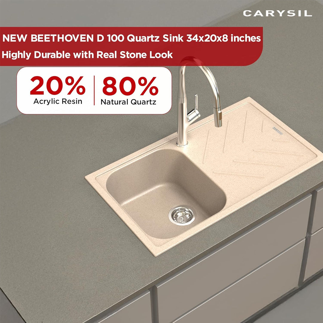 Carysil Quartz New Beethoven D 100 Single Bowl Kitchen Sink with Drainboard, Real Stone Finish, 304 Stainless Steel Coupling, Noise Reduction kitchen sink with Sloping Drain, 34x20x8 inches, Sand