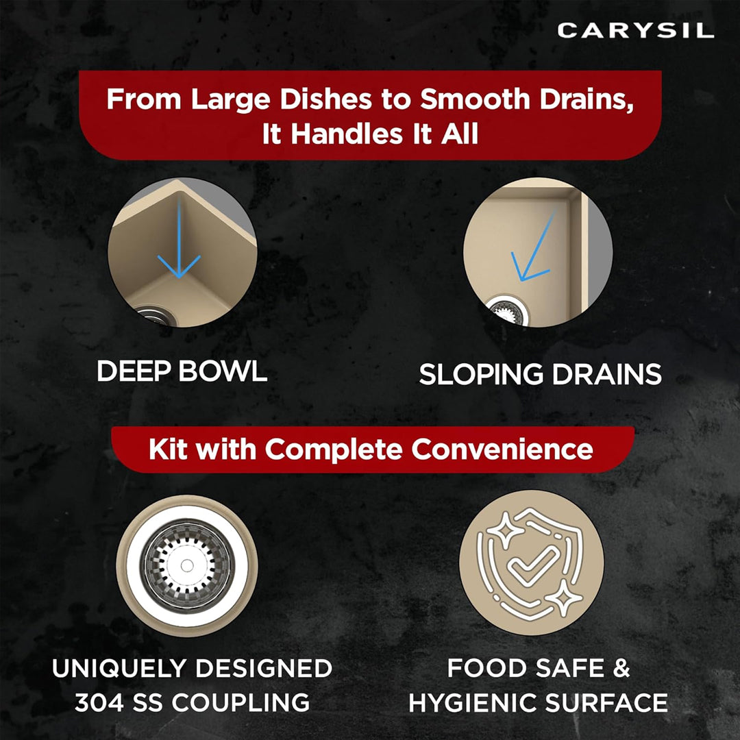 Carysil Quartz New Beethoven D 100 Single Bowl Kitchen Sink with Drainboard, Real Stone Finish, 304 Stainless Steel Coupling, Noise Reduction kitchen sink with Sloping Drain, 34x20x8 inches, Sand