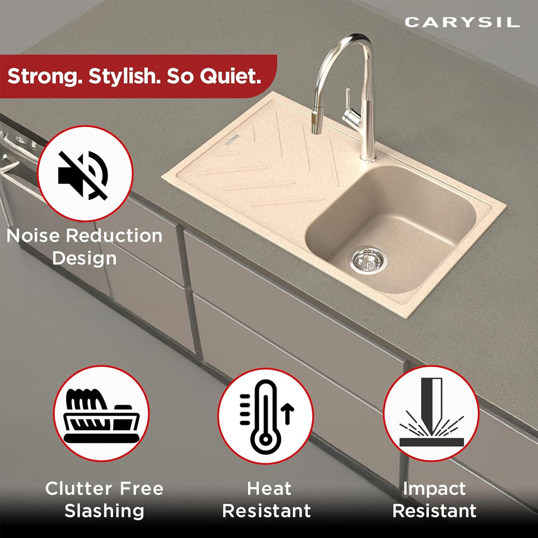Carysil Quartz New Beethoven D 100 Single Bowl Kitchen Sink with Drainboard, Real Stone Finish, 304 Stainless Steel Coupling, Noise Reduction kitchen sink with Sloping Drain, 34x20x8 inches, Sand