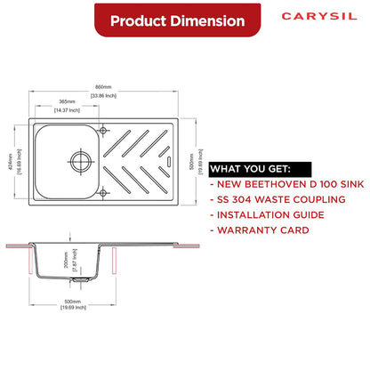 Carysil Quartz New Beethoven D 100 Single Bowl Kitchen Sink with Drainboard, Real Stone Finish, 304 Stainless Steel Coupling, Noise Reduction kitchen sink with Sloping Drain, 34x20x8 inches, Sand