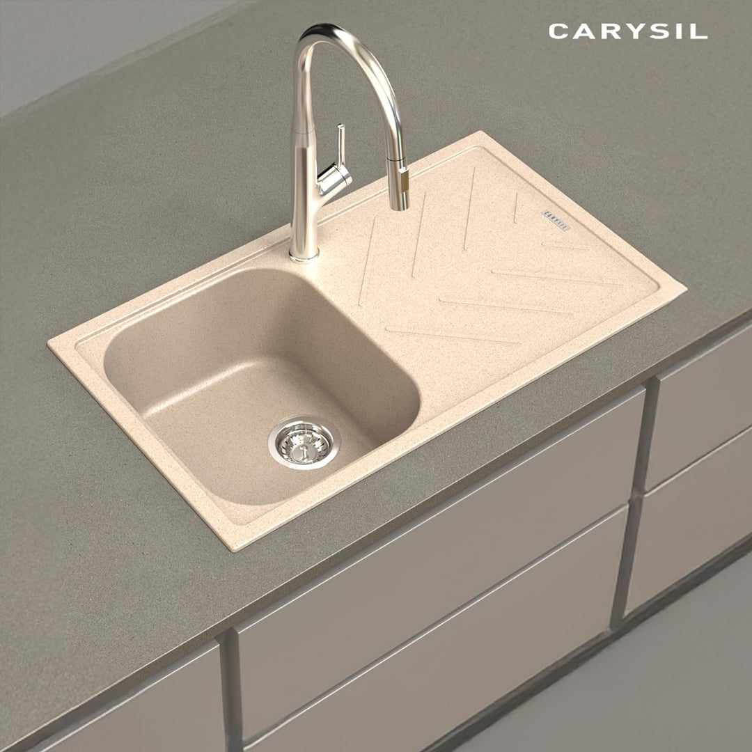 Carysil Quartz New Beethoven D 100 Single Bowl Kitchen Sink with Drainboard, Real Stone Finish, 304 Stainless Steel Coupling, Noise Reduction kitchen sink with Sloping Drain, 34x20x8 inches, Sand