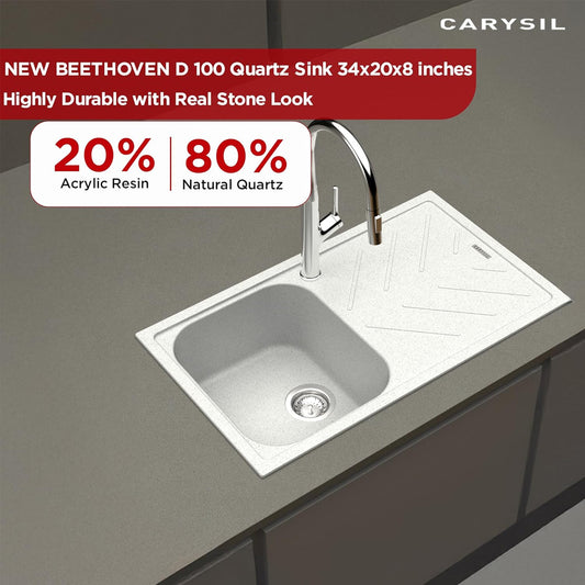 Carysil Quartz New Beethoven D 100 Single Bowl Kitchen Sink with Drainboard, Real Stone Finish, 304 Stainless Steel Coupling, Kitchen Sink with Sloping Drain, Noise Reduction Design, 34x20x8 inches, Whisper Grey