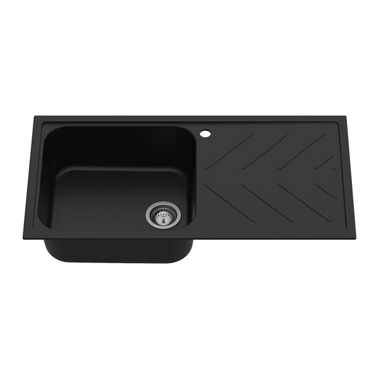 Carysil Quartz New Beethoven D 100L Kitchen Sink with Drainboard, Real Stone Finish, 304 Waste Coupling with 50 ml Cleaning Kit, Kitchen Sink with Sloping Drain, Noise Reduction Design, 40x20x8 inches, Pearl Black