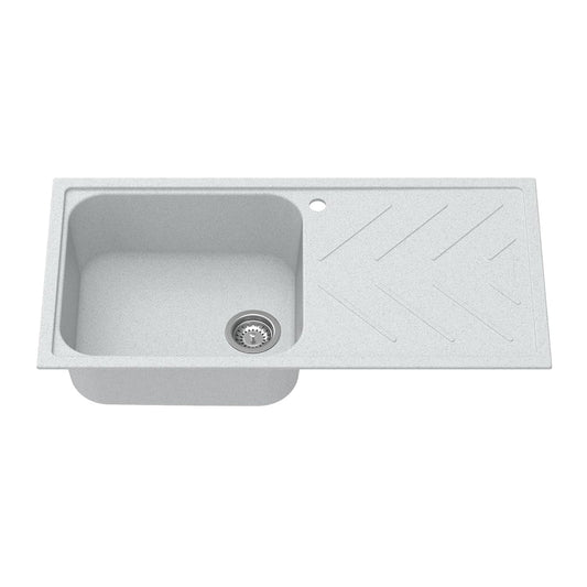 Carysil Quartz New Beethoven D 100L Kitchen Sink with Drainboard, Real Stone Finish, 304 Stainless Steel Coupling, Kitchen Sink with Sloping Drain, Noise Reduction Design, 40x20x8 inches, Whisper Grey