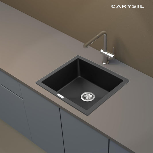 Carysil Salsa Max Nera Quartz Kitchen Sink, 21x18x8 inches, Single Bowl Noise Reduction Quartz Sink, Heat, Scratch & Stain Resistant, Sloping Drains, 304 SS Coupling