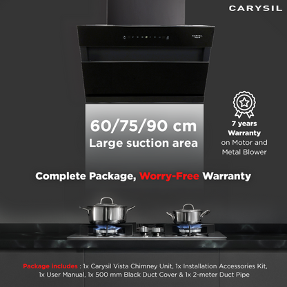 Carysil Vista 90 cm Kitchen Chimney, Vertical Slant, 1350 m³/hr Suction Capacity, Filterless, 3-Speed Motion Sensor, Heat Auto Clean, Oil Collector, LED Lamp, 7-year Motor Warranty